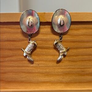 Vintage Western Cowgirl Silver drop pierced earrings Gold  tone edges hat, boots